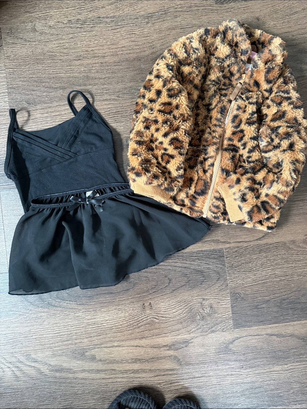 Cat and Jack Dance Black Leotard,  Black Skirt, Leopard Print Faux Fur Jacket